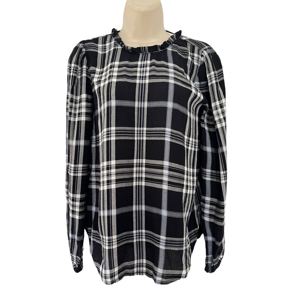 Loft Women's Sz XXS  Black & White Plaid Tie Back Long Sleeve Peasant Blouse
